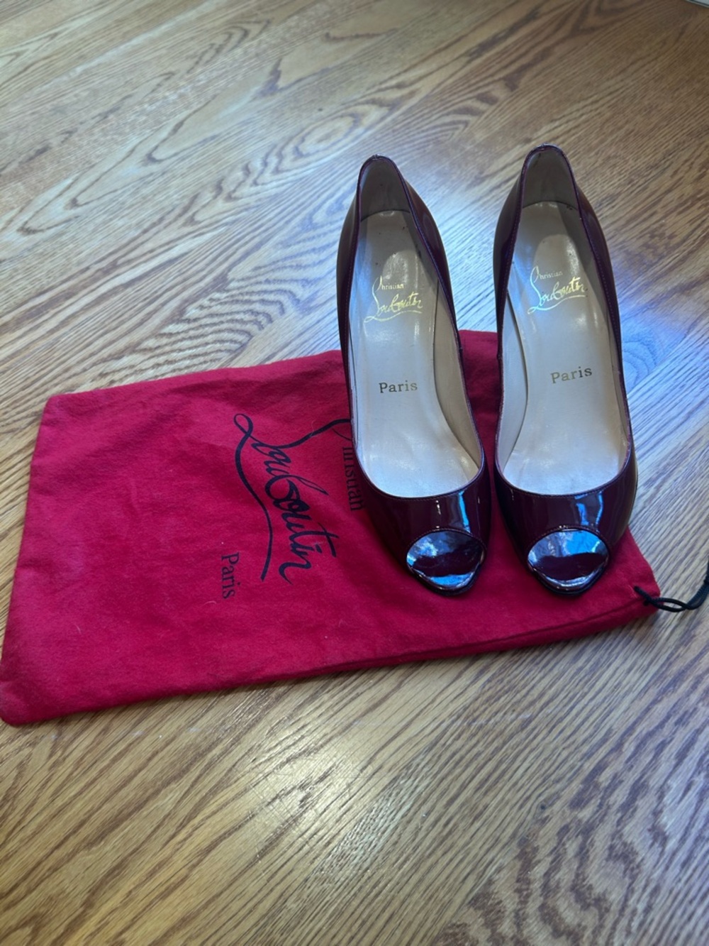 Christian Louboutin Burgundy Patent Peep-Toe Heels